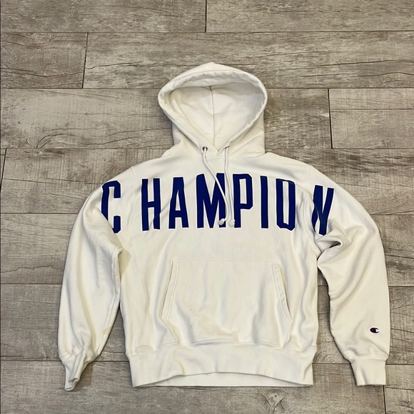 Champion Reverse Weave Hoodie Mens Medium White Spell Out All Over Print Hooded‎ - Picture 1 of 8
